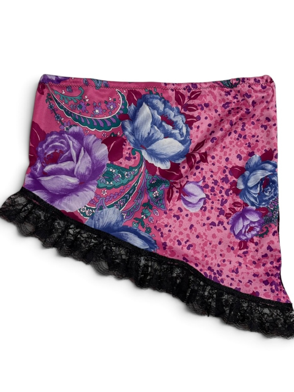 Handmade Asymmetrical Floral Velvet Tube Top Strapless Lace Trim